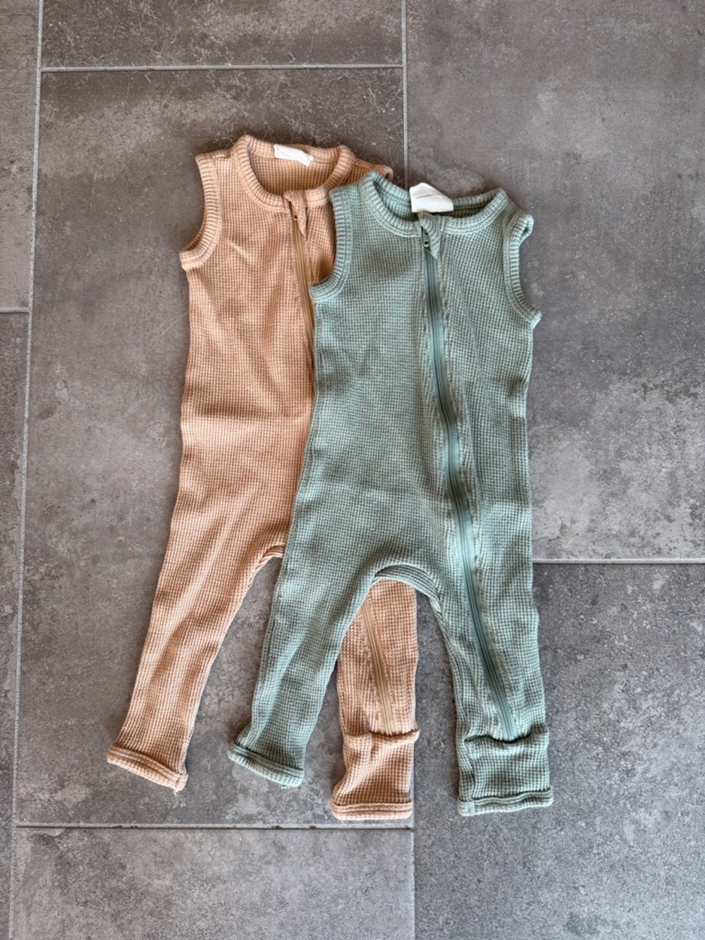 Spearmint Baby Sleeveless Waffle-Knit One-Piece Romper in Sage Green and Tan